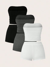 2pcs Women's Knit Bodycon Crop Top And Shorts Set, Casual Daily Wear